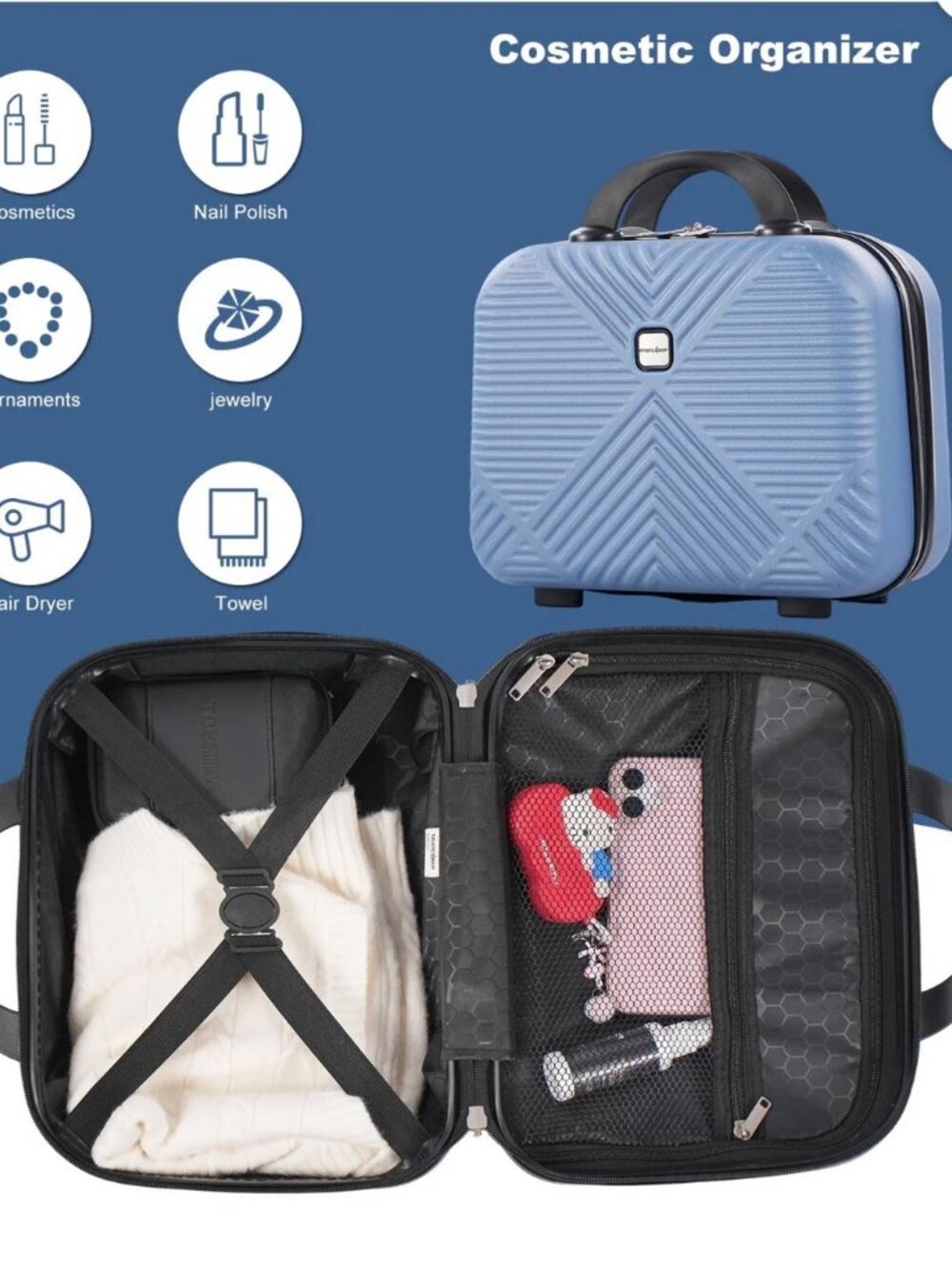 2-Piece Hardside Carry-On Luggage Set w/ Cosmetic Case Blue Spinner Suitcase - Picture 6 of 7